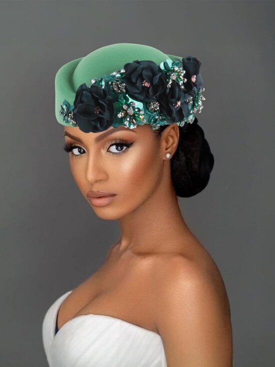 Women\'s British Felt hat Church Derby Headdress Floral Beret hat Green